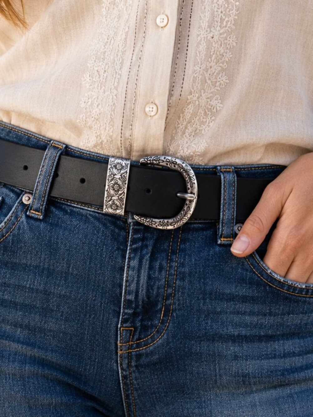 Dress Belt Bonded Leather Women's Black 1.5"WX 45"L Western Silver Buckle